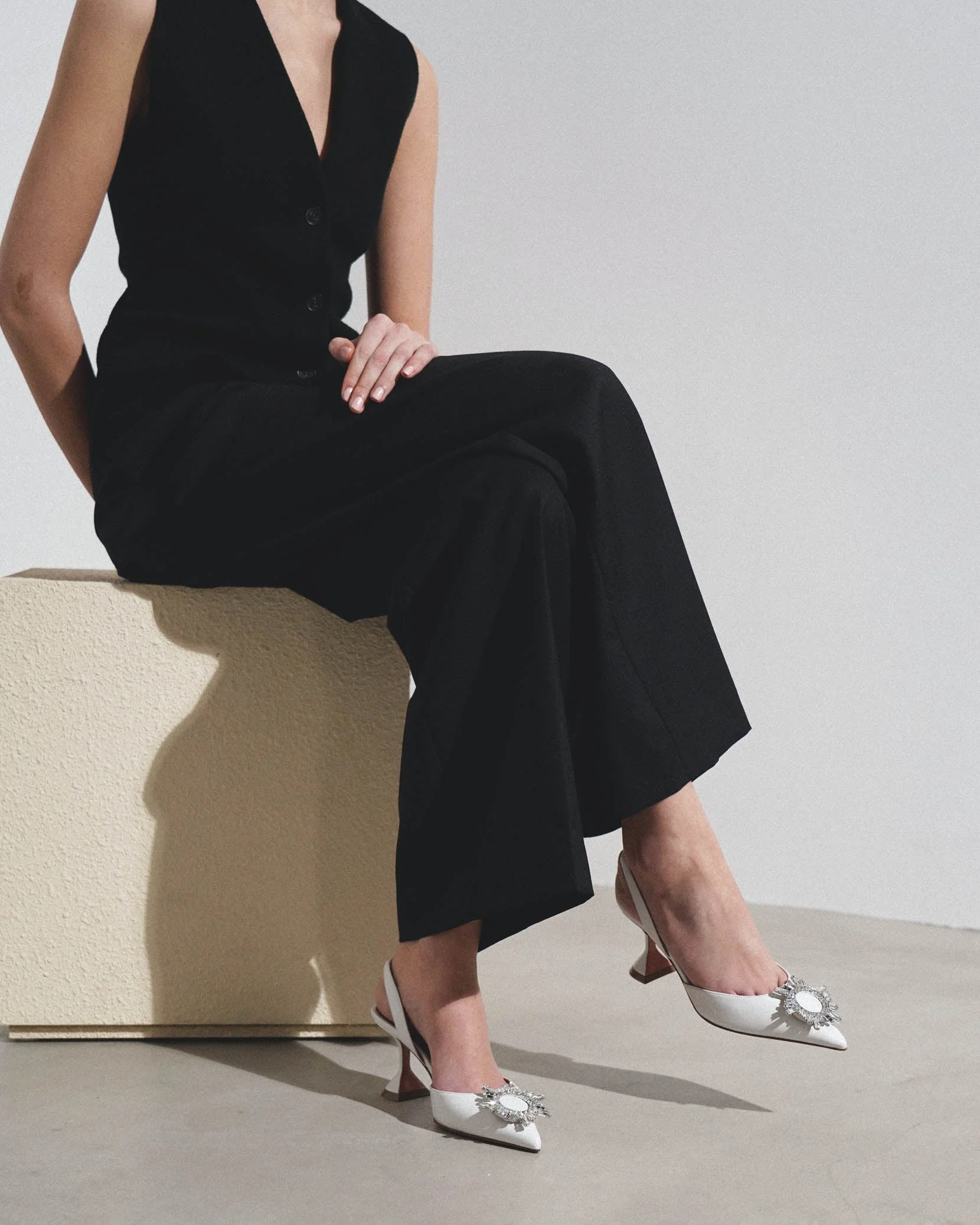 Begum sling 70 crystal embellished white leather pumps - Image 2