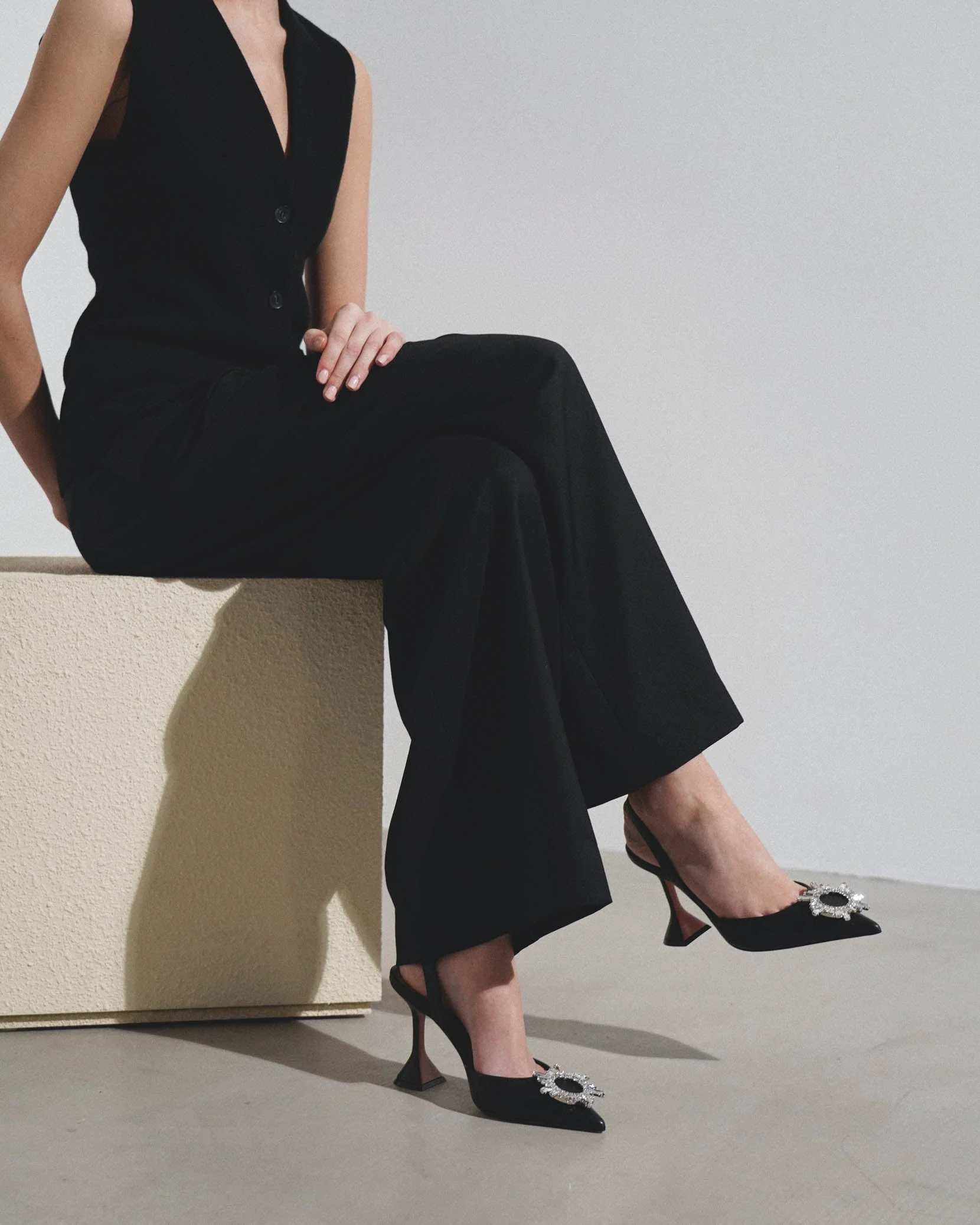 Begum sling 95 crystal embellished black leather pumps - Image 2