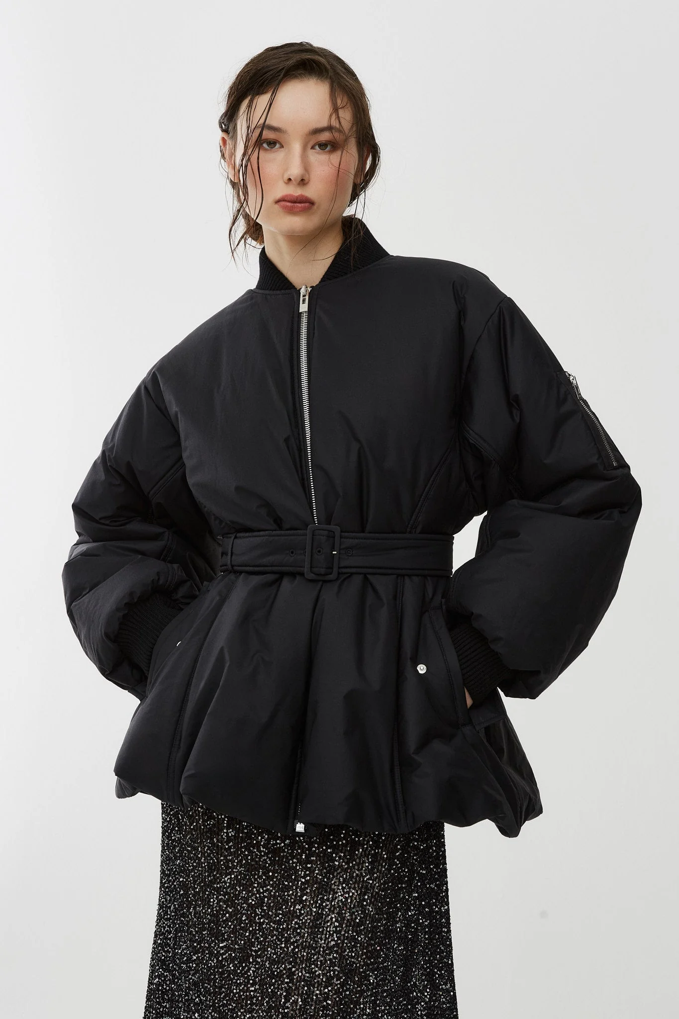 Belted black bomber jacket - Image 2