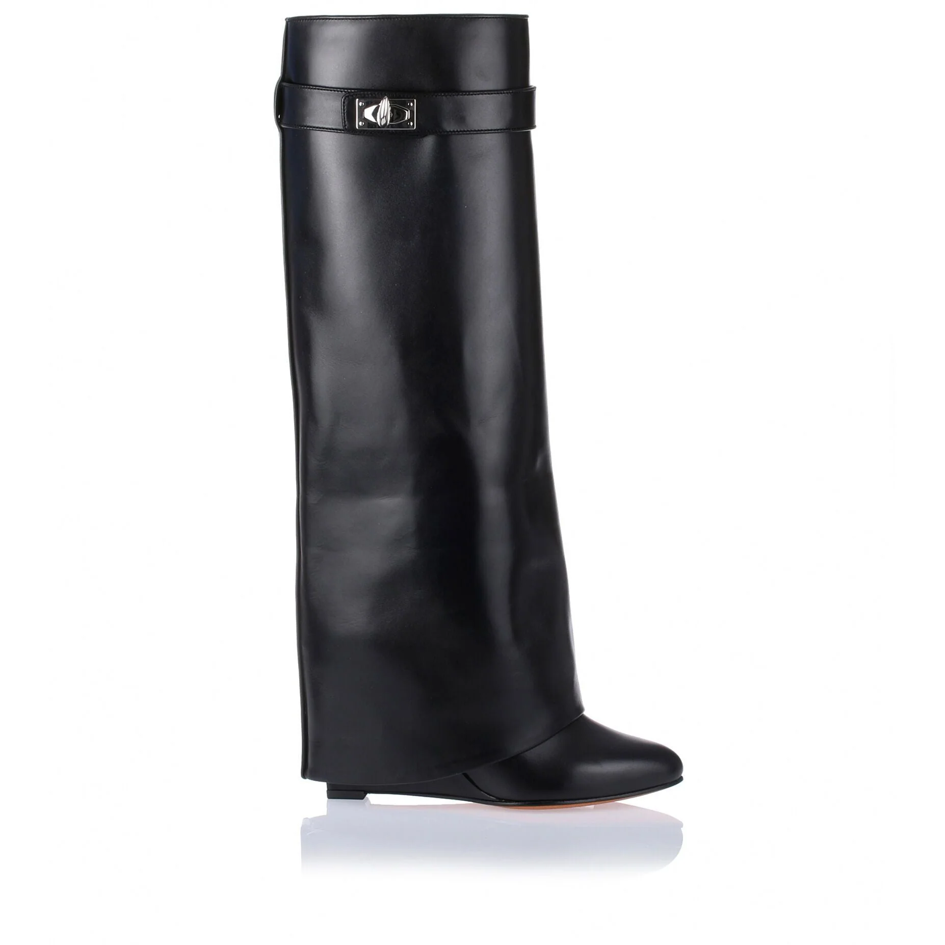Black fold-over shark lock knee boot