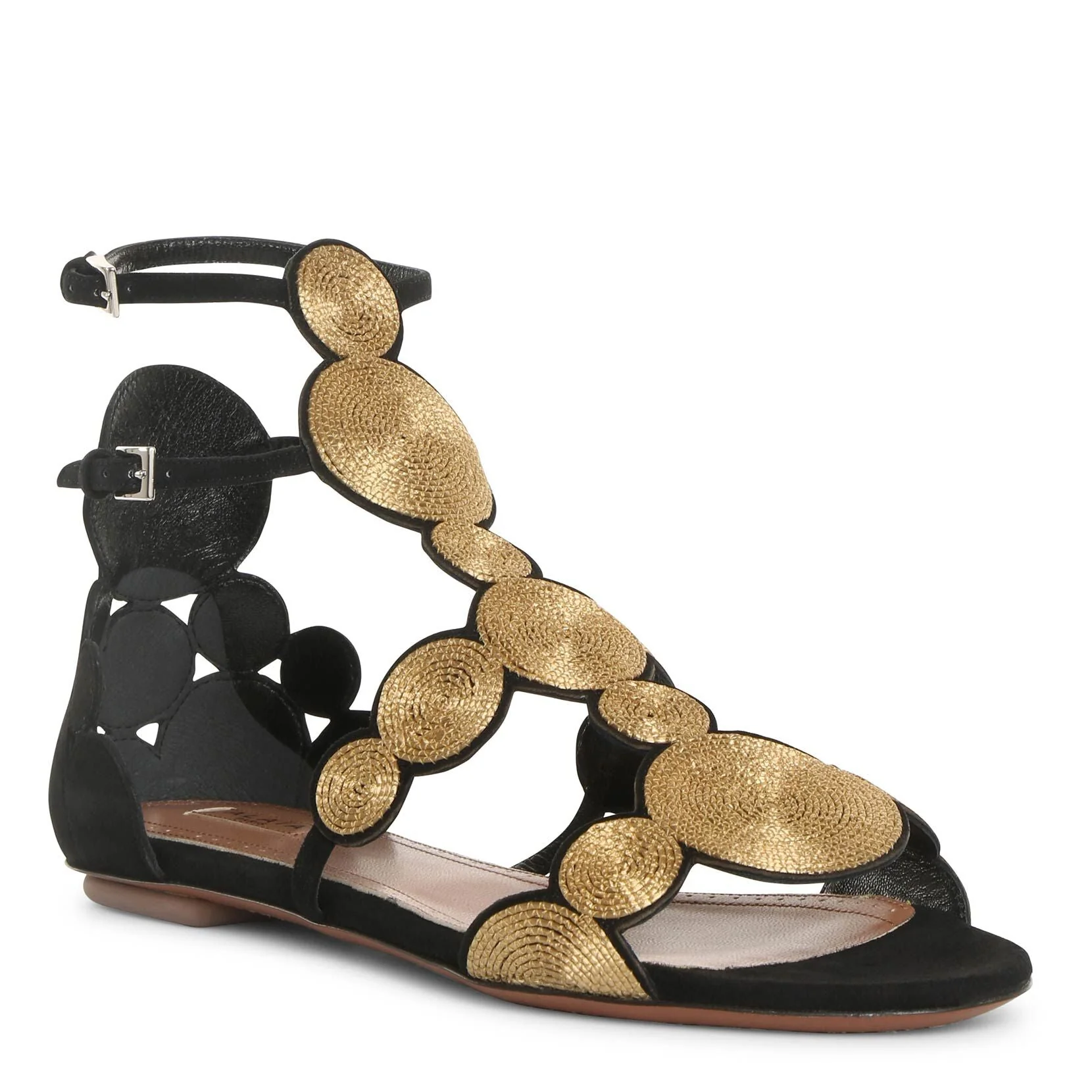 Black suede gold raffia flat sandals - Image 2