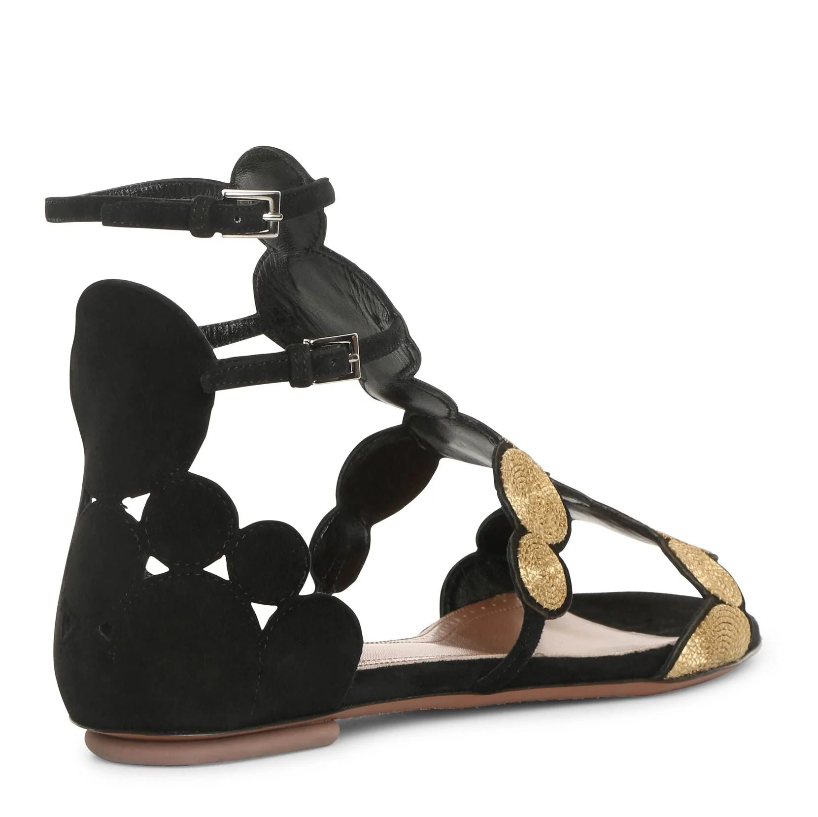 Black suede gold raffia flat sandals - Image 3