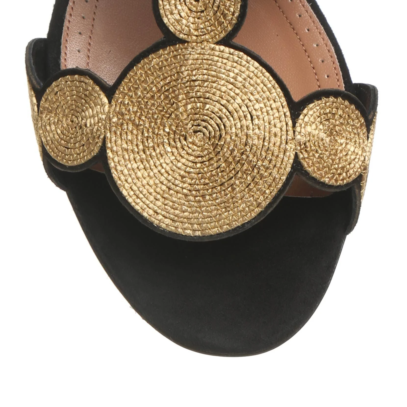 Black suede gold raffia flat sandals - Image 4