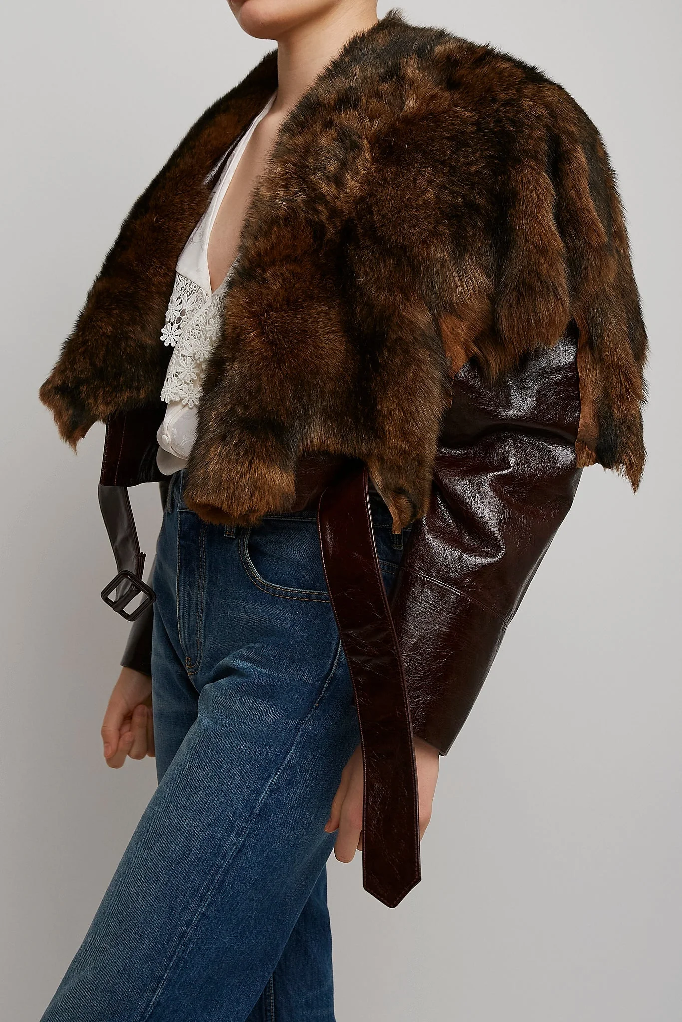 Brown cropped leather jacket - Image 6