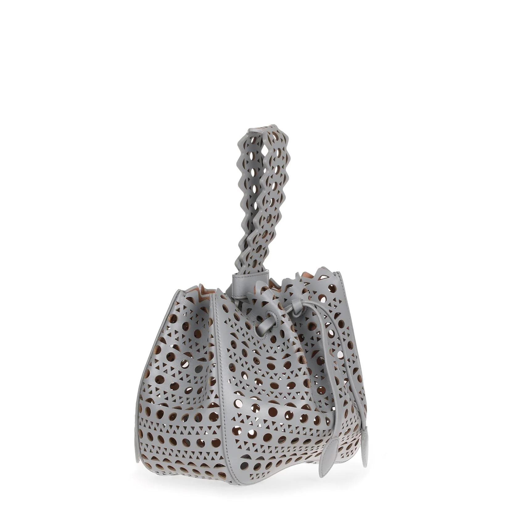 Grey leather laser-cut bucket bag - Image 2
