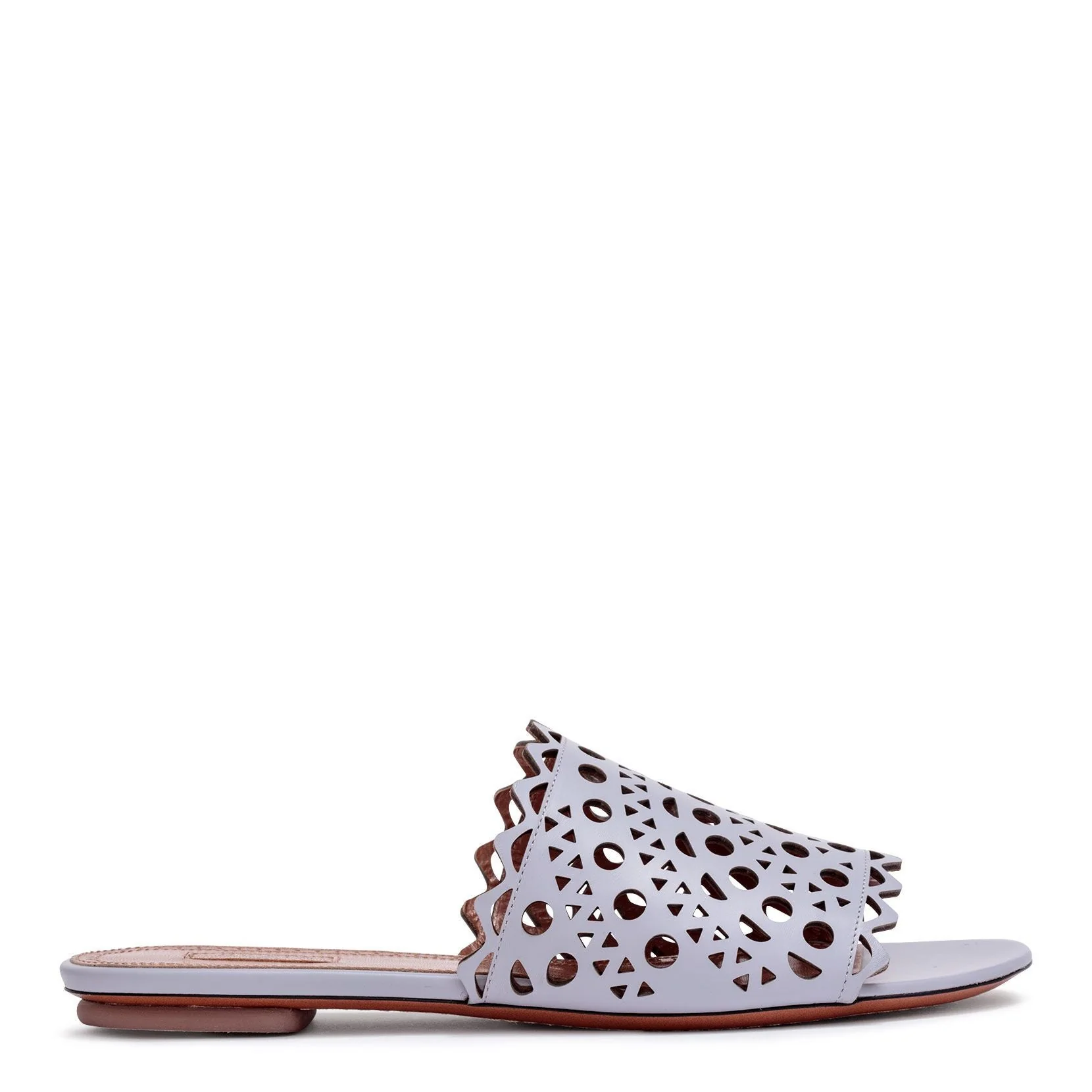 Grey leather laser-cut slide sandals