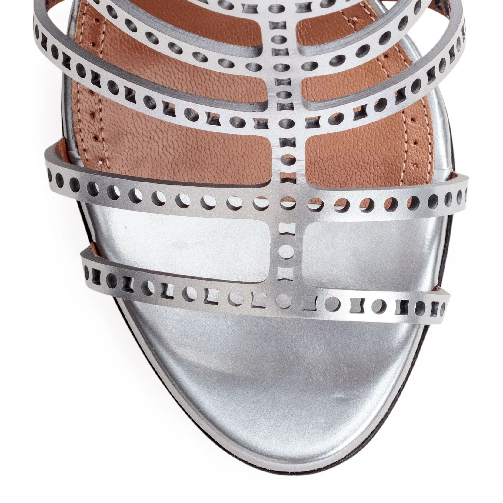 Metallic Silver Laser-Cut Leather Sandals - Image 4