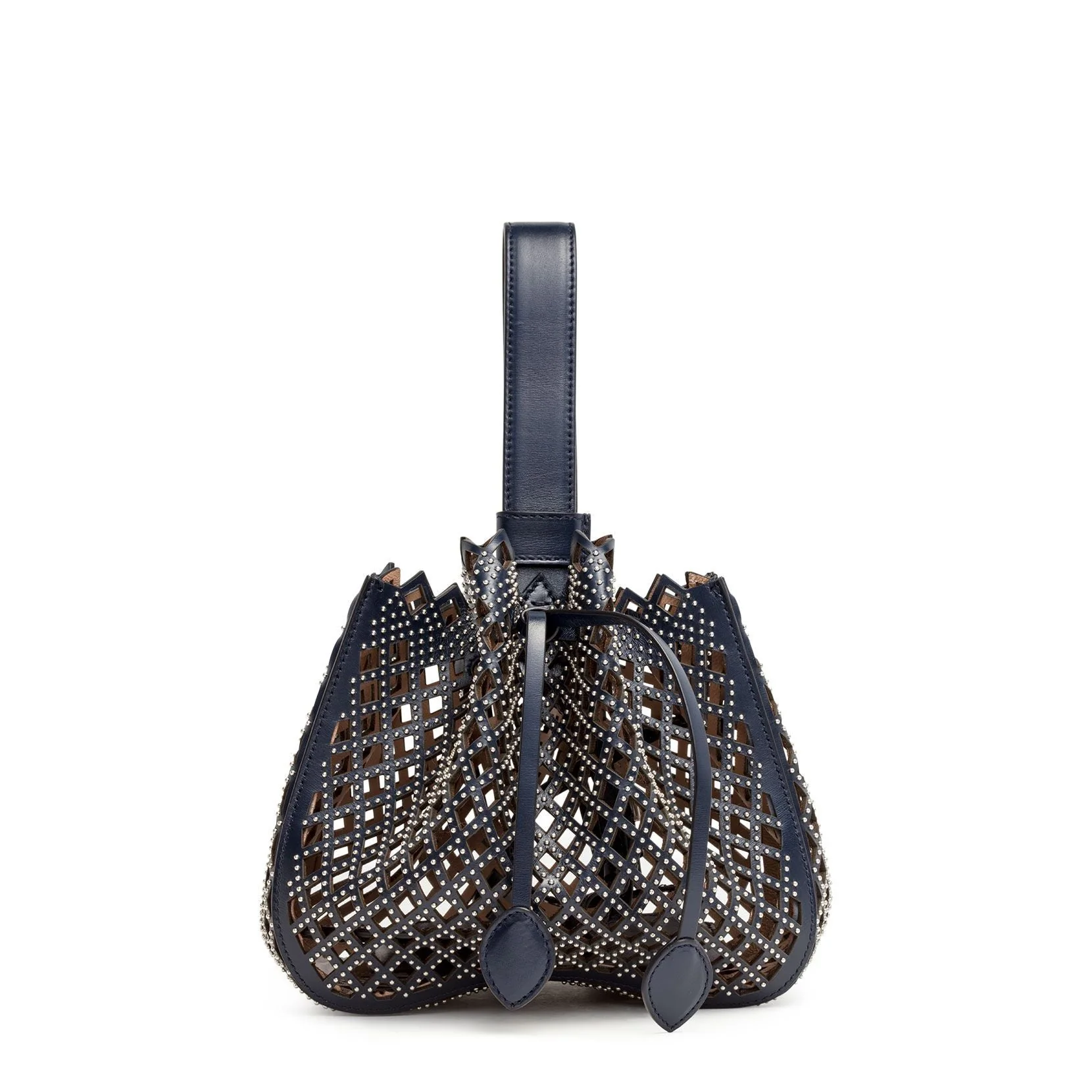 Navy Leather Studded Bucket Bag - Image 2