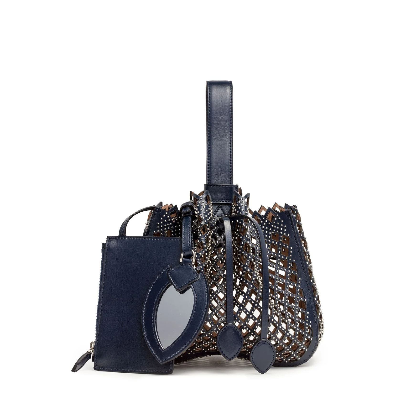 Navy Leather Studded Bucket Bag - Image 3