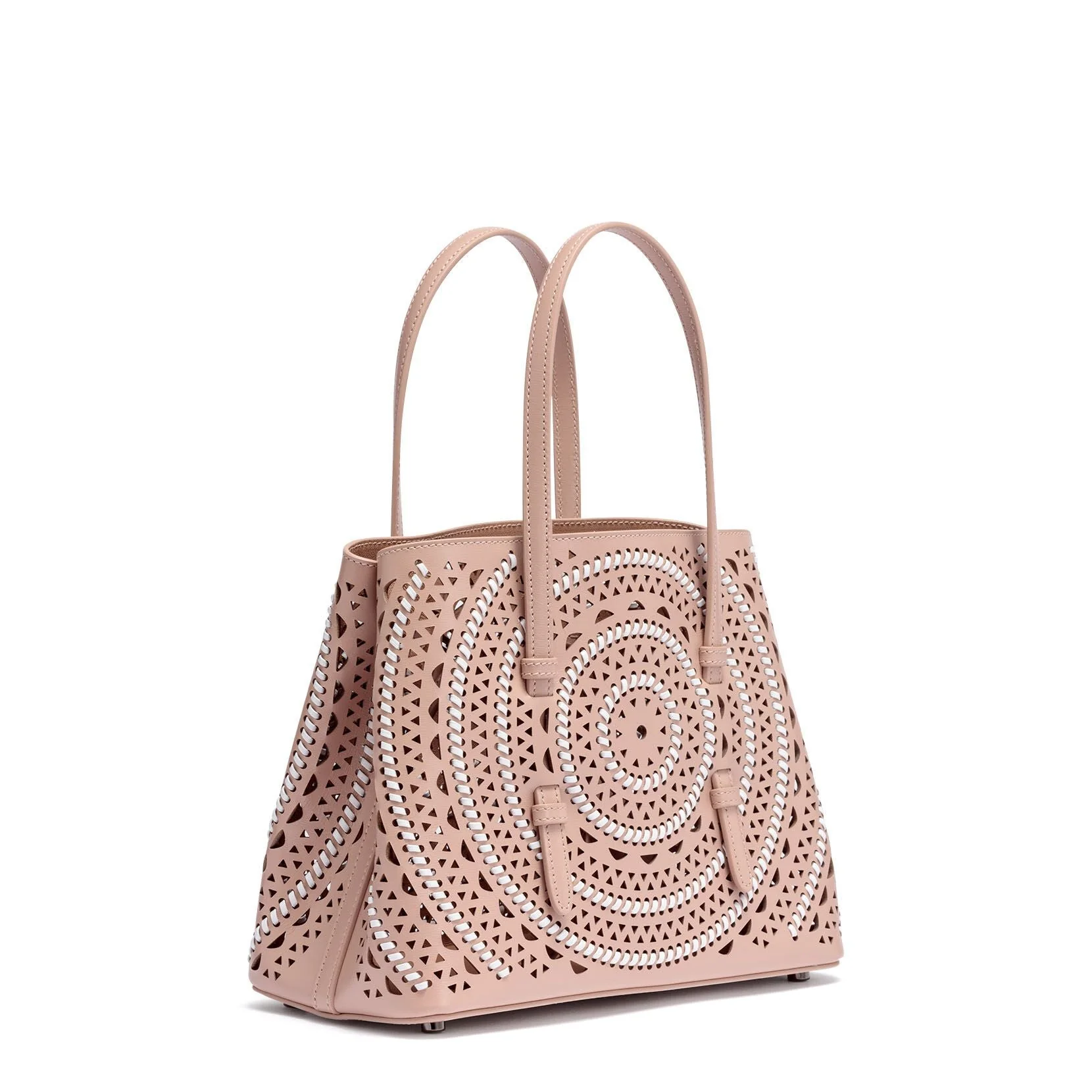 Small beige leather braided tote bag - Image 3