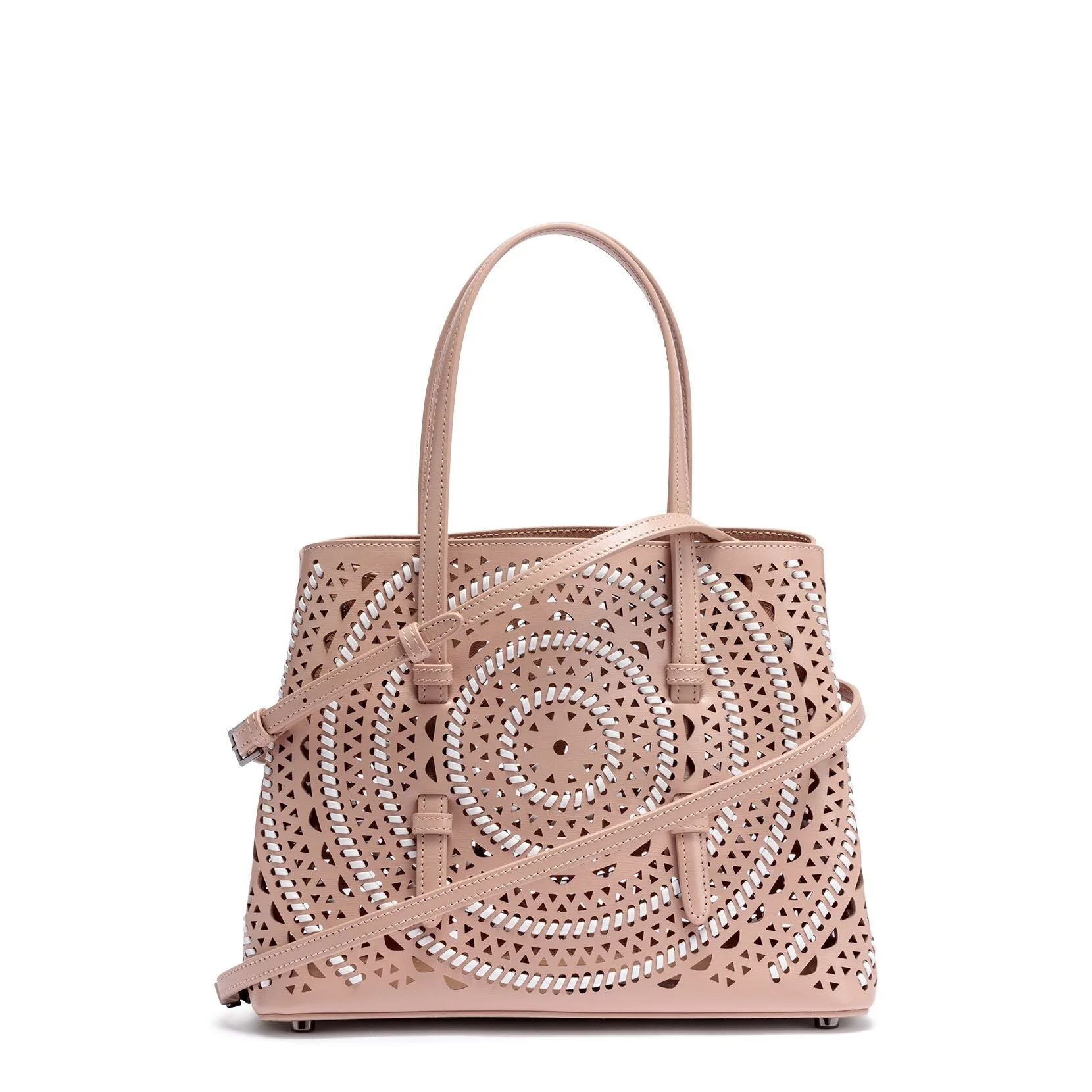 Small beige leather braided tote bag - Image 4