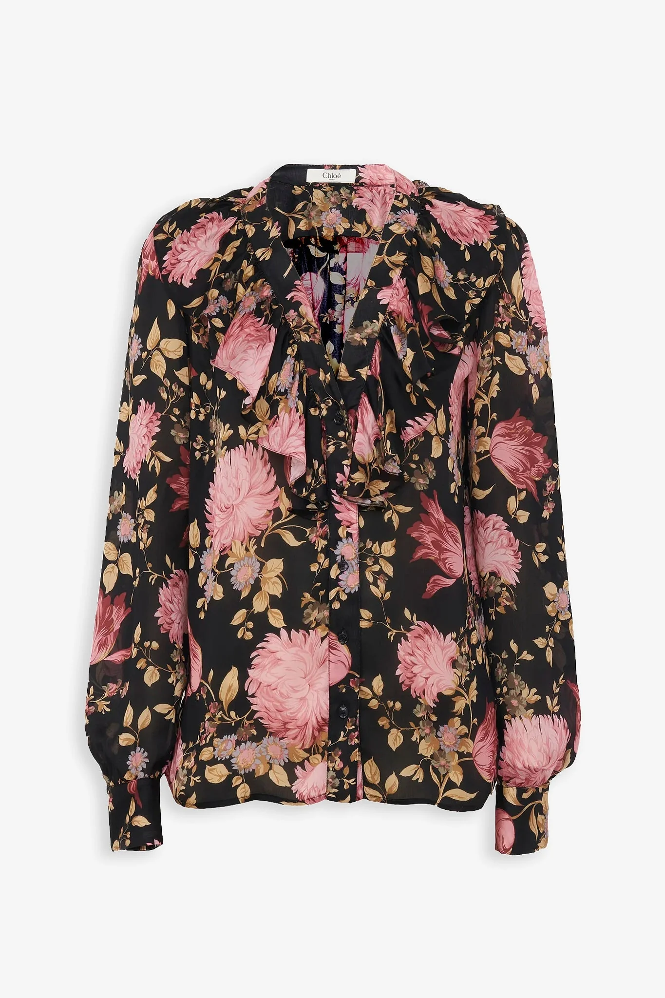 V-neck ruffled silk charmeuse blouse