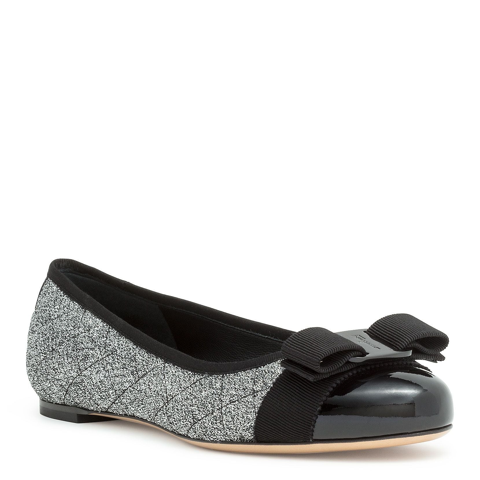 Varina quilted silver fabric black patent ballerinas - Image 2