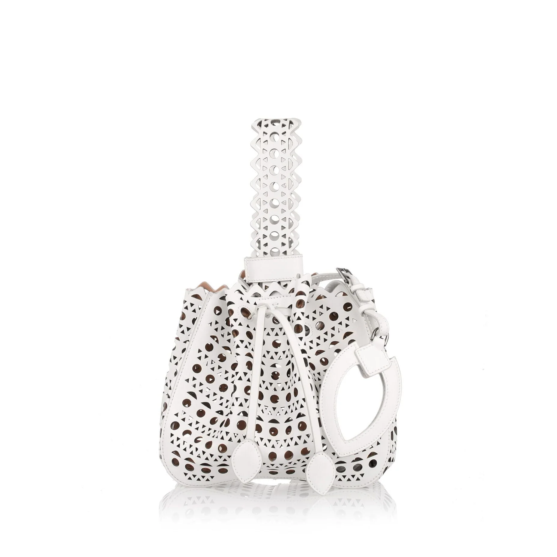 White leather laser-cut bucket bag - Image 2