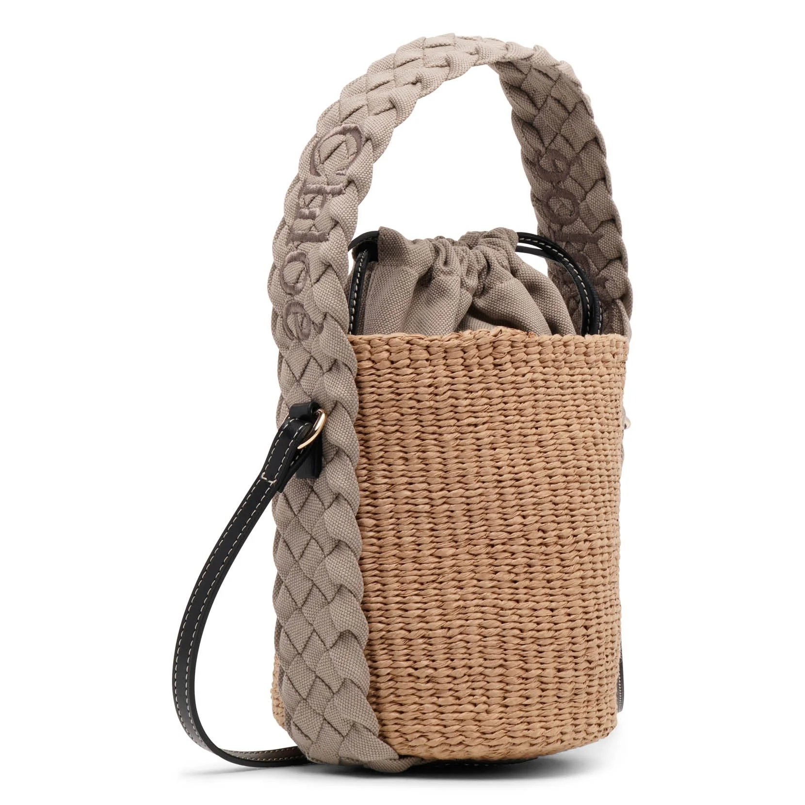 Woody braided grey raffia bucket bag - Image 3
